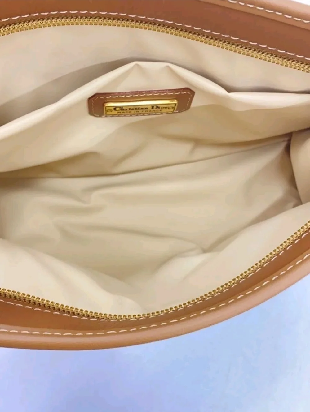 Christian Dior Cosmetic Brown Patterned Zip Pouch with Tan Trim